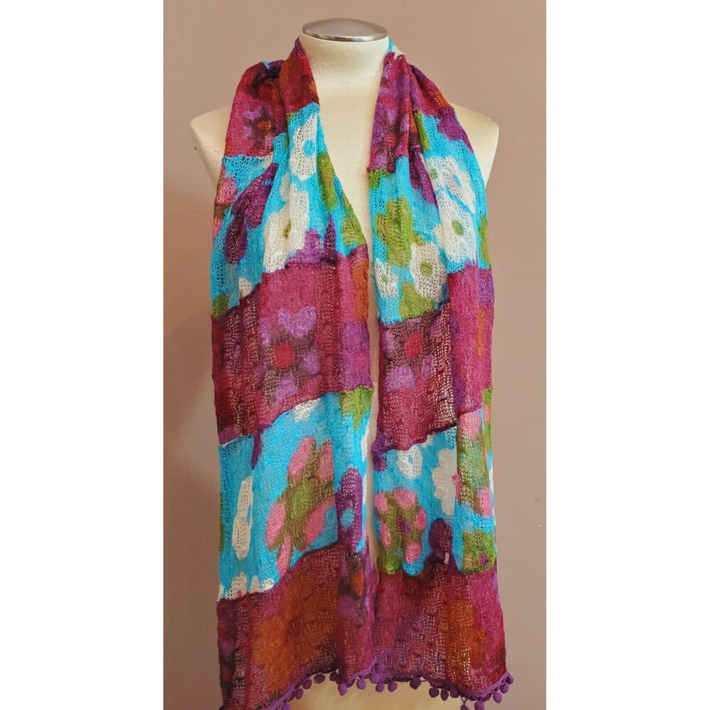 Eyeful Scarf Wrap Pieced Knit Blue Purple Daisies Ball Fringe 66" x 15" Granny